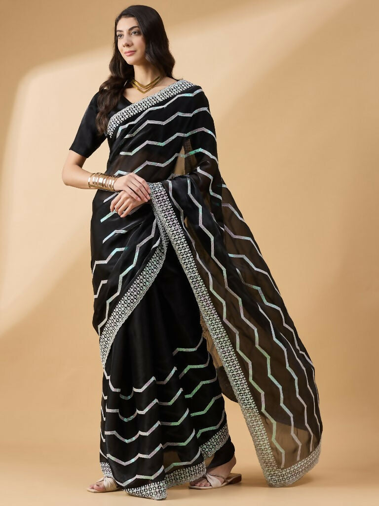 Black Tissue Slub Embroidered Saree with Unstitched Blouse - Vairagi - Distacart