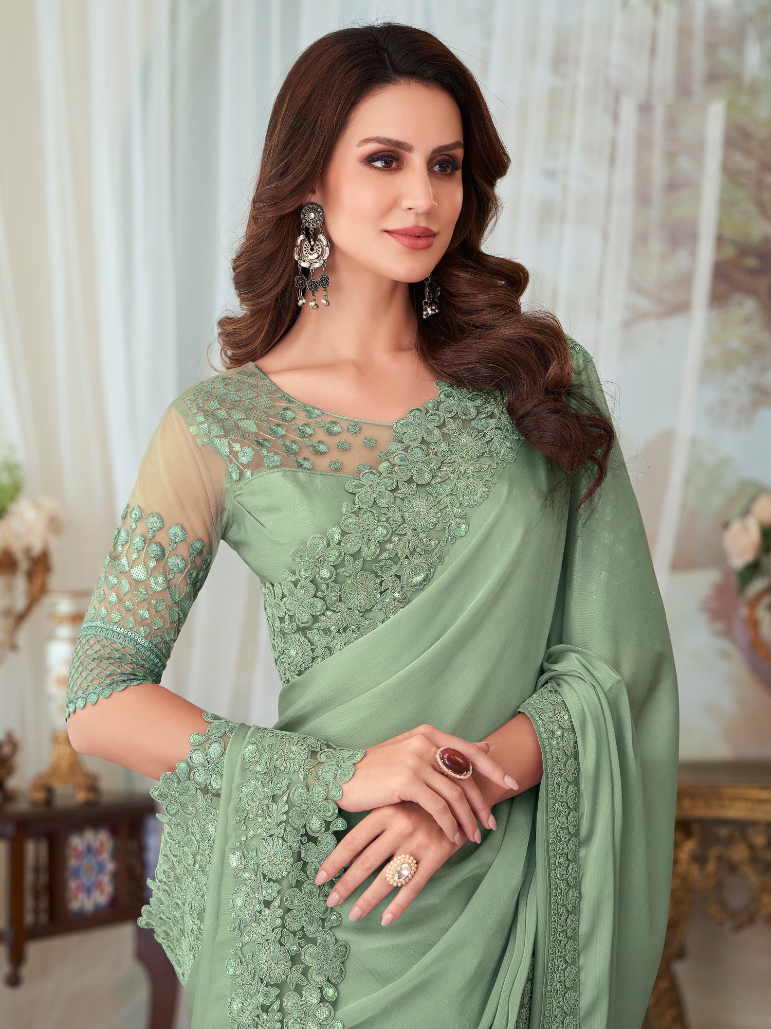 NOZ2TOZ Women's Silk Blend Light Green Embellished Designer Saree With Blouse Piece - Distacart