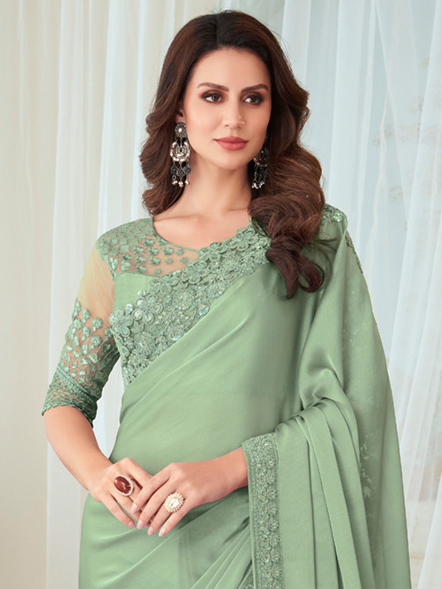 NOZ2TOZ Women's Silk Blend Light Green Embellished Designer Saree With Blouse Piece - Distacart