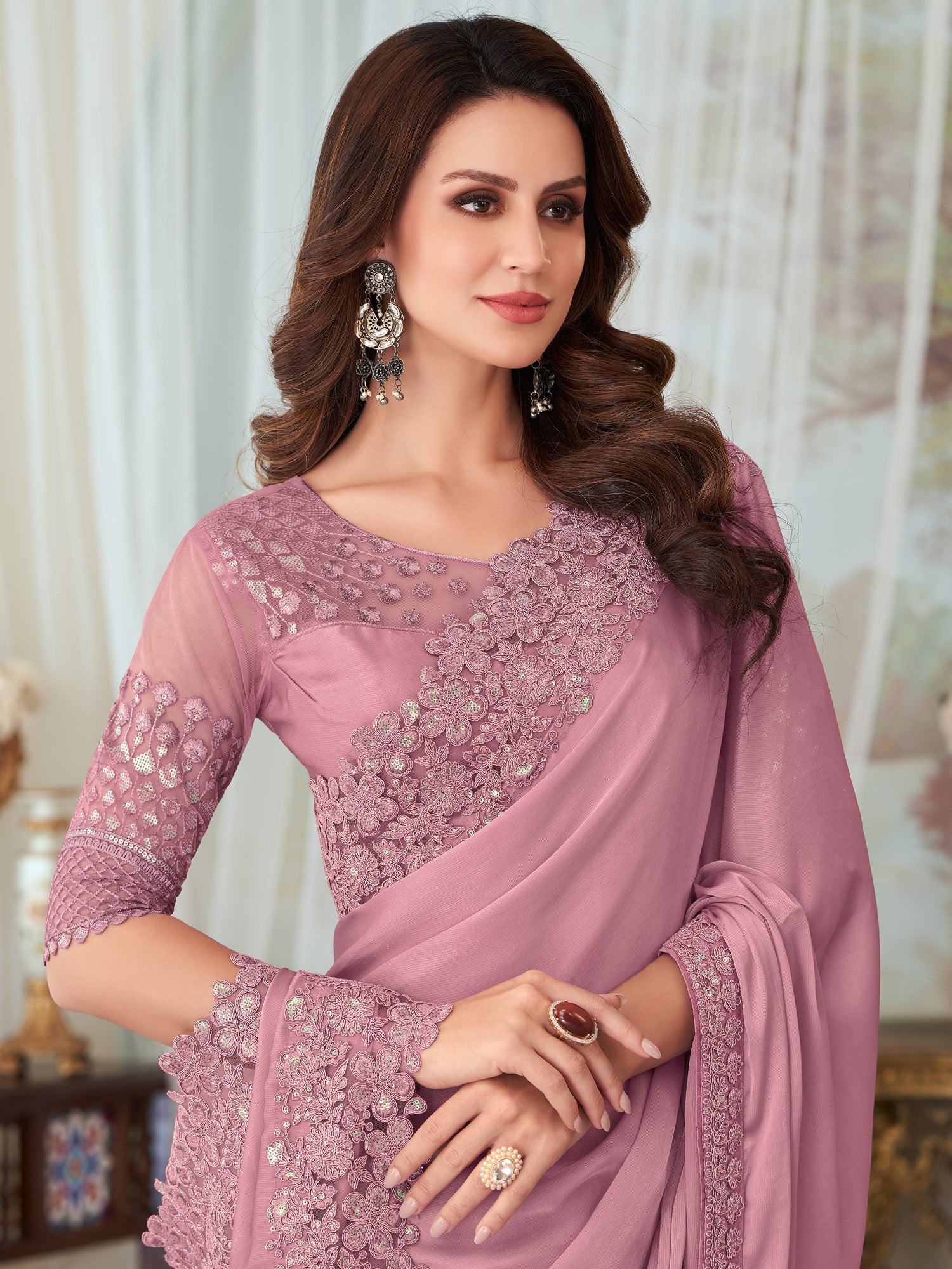 NOZ2TOZ Women's Silk Blend Mauve Embellished Designer Saree With Blouse Piece - Distacart