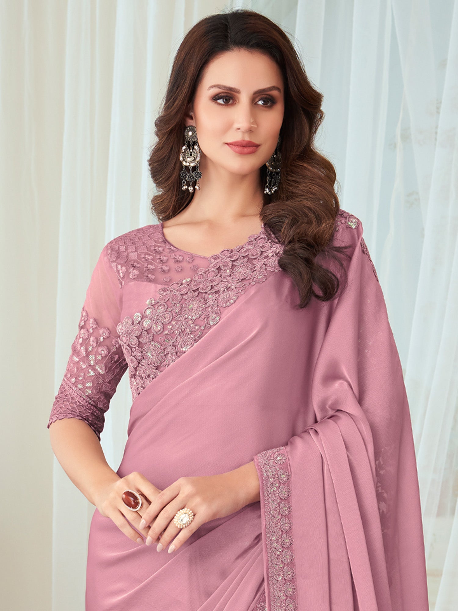 NOZ2TOZ Women's Silk Blend Mauve Embellished Designer Saree With Blouse Piece - Distacart