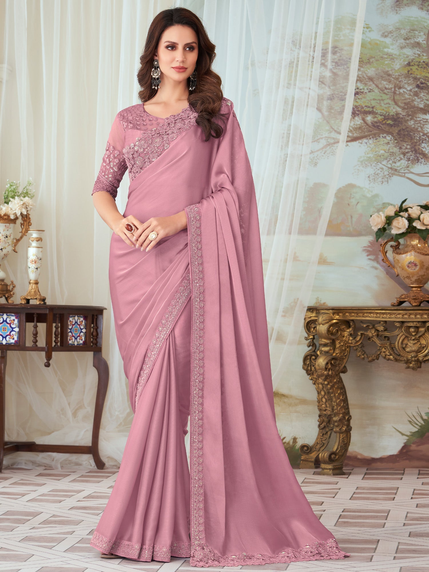 NOZ2TOZ Women's Silk Blend Mauve Embellished Designer Saree With Blouse Piece - Distacart