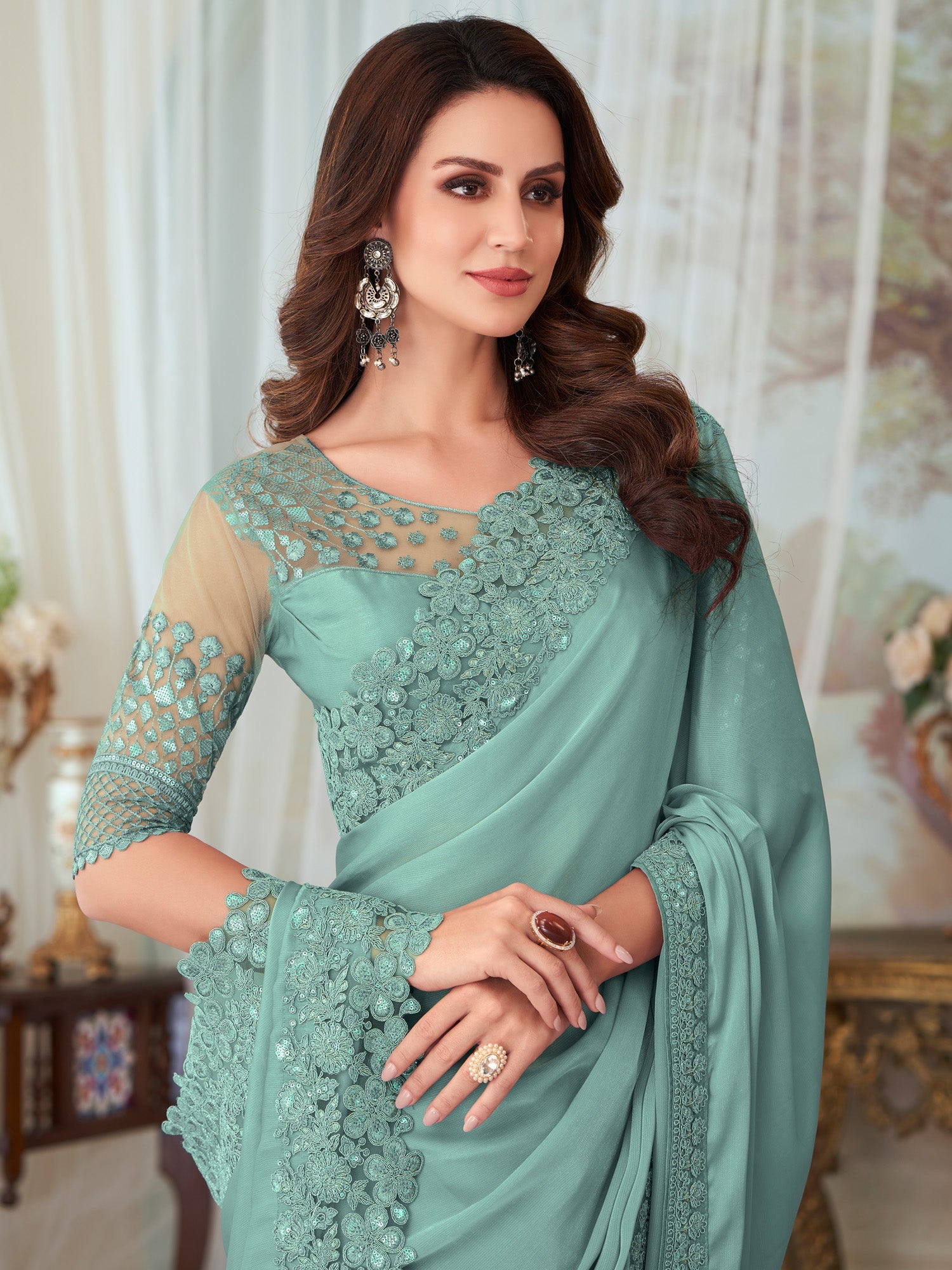 NOZ2TOZ Women's Silk Blend Sea Green Embellished Designer Saree With Blouse Piece - Distacart
