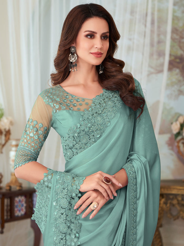 NOZ2TOZ Women's Silk Blend Sea Green Embellished Designer Saree With Blouse Piece - Distacart