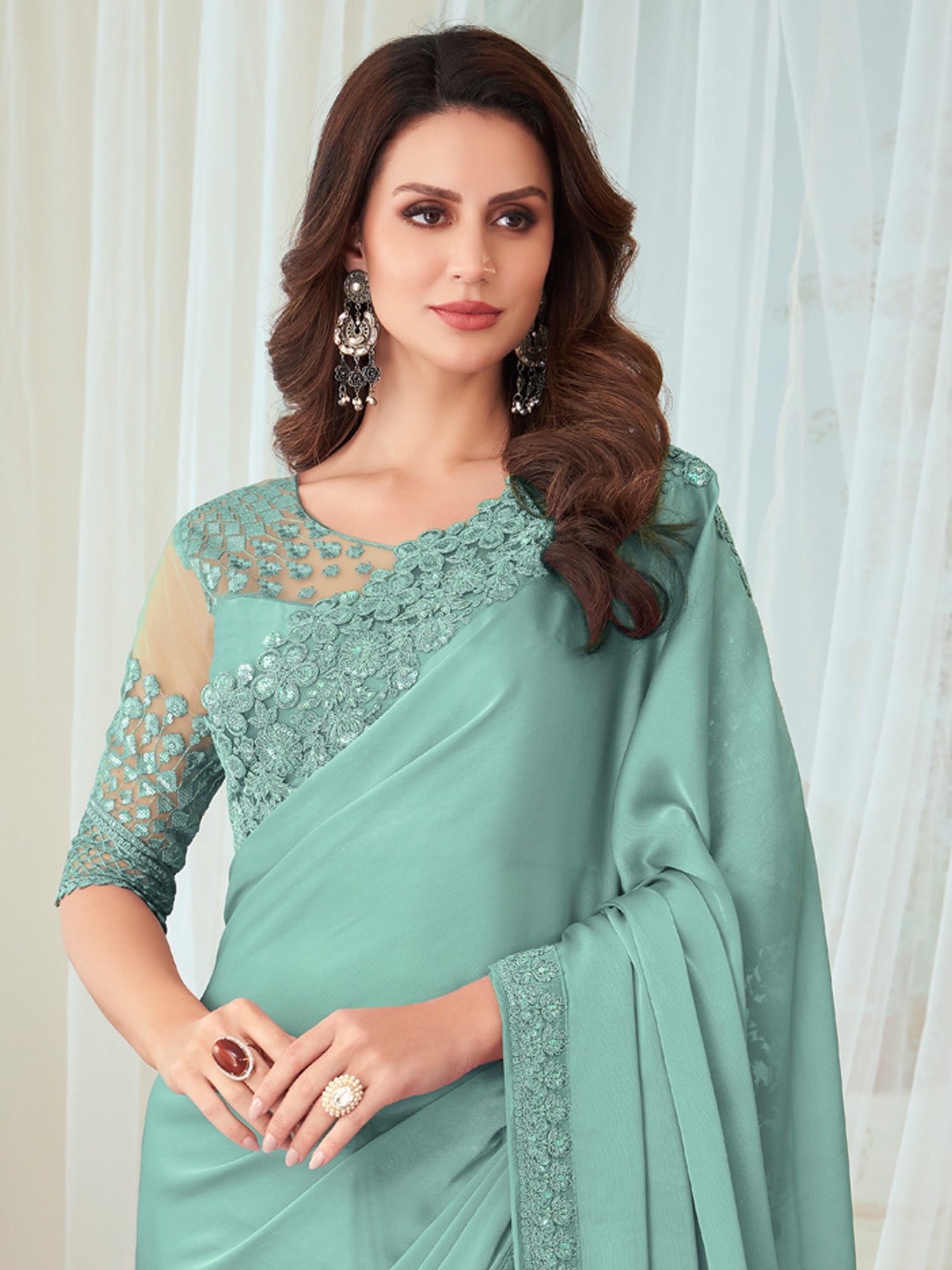 NOZ2TOZ Women's Silk Blend Sea Green Embellished Designer Saree With Blouse Piece - Distacart