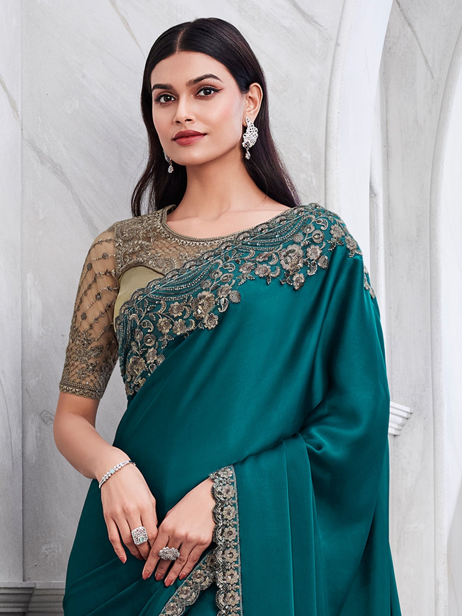 NOZ2TOZ Women's Satin Silk Teal blue Embellished Designer Saree With Blouse Piece - Distacart