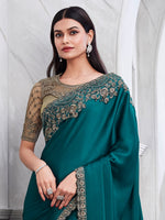 Thumbnail for NOZ2TOZ Women's Satin Silk Teal blue Embellished Designer Saree With Blouse Piece - Distacart