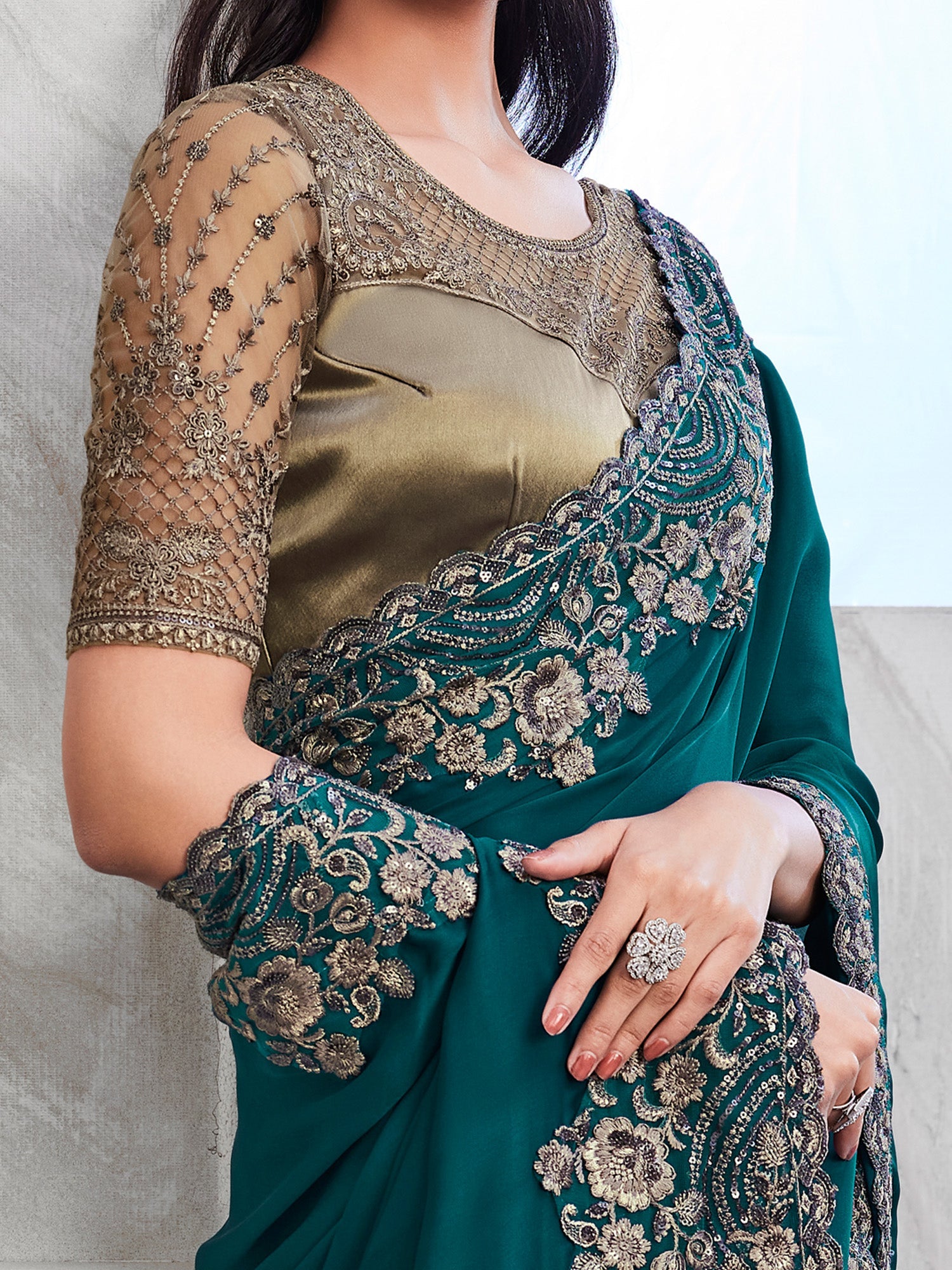 NOZ2TOZ Women's Satin Silk Teal blue Embellished Designer Saree With Blouse Piece - Distacart