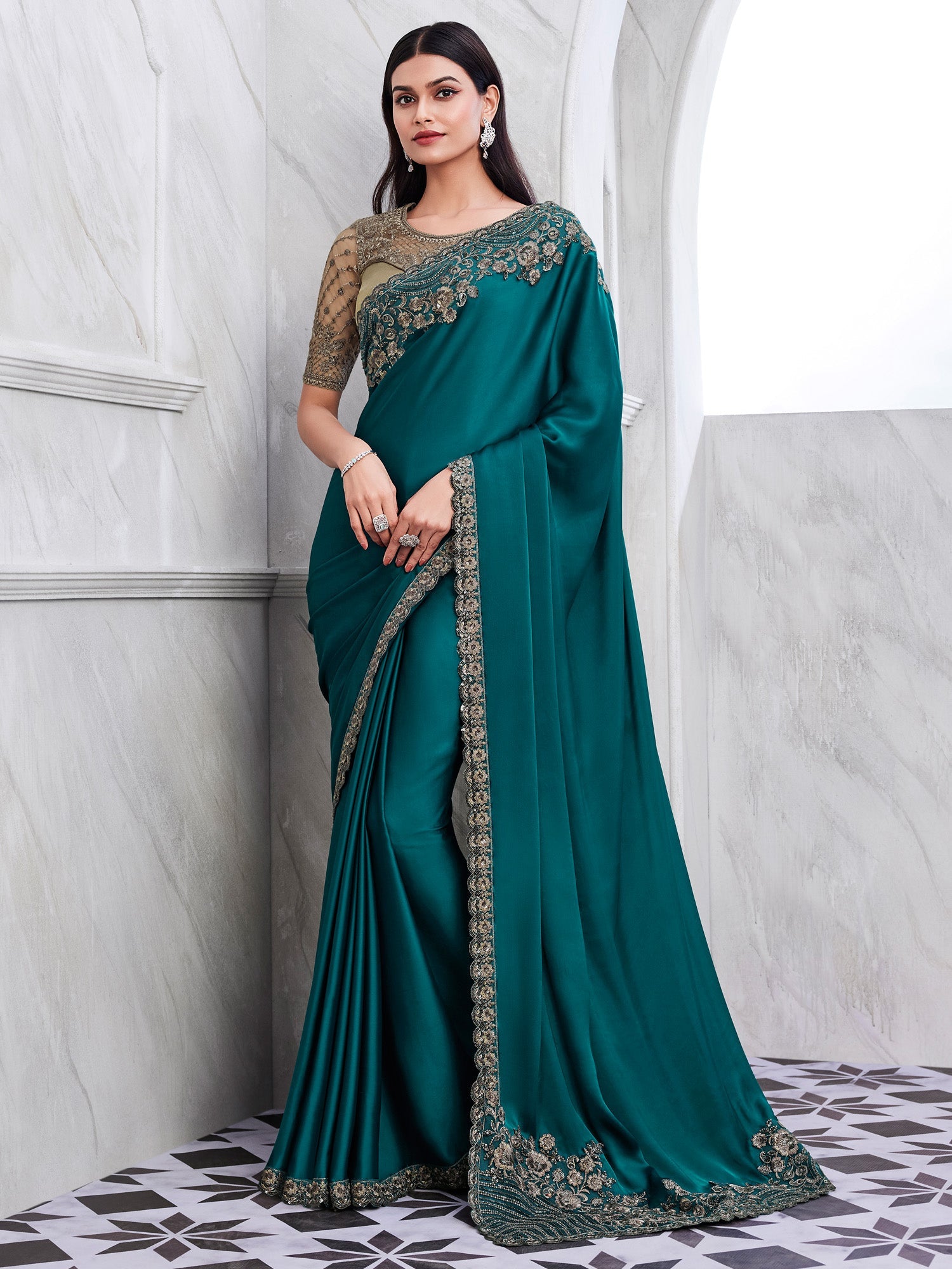 NOZ2TOZ Women's Satin Silk Teal blue Embellished Designer Saree With Blouse Piece - Distacart