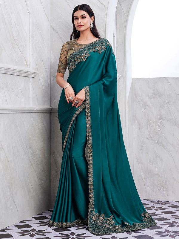 NOZ2TOZ Women's Satin Silk Teal blue Embellished Designer Saree With Blouse Piece - Distacart