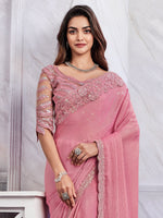 Thumbnail for NOZ2TOZ Women's Georgette Pink Embellished Designer Saree With Blouse Piece - Distacart