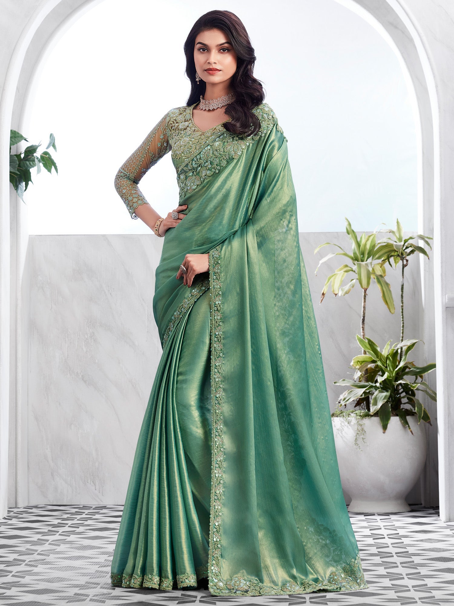 NOZ2TOZ Women's Chiffon Sea Green Embellished Designer Saree With Blouse Piece - Distacart