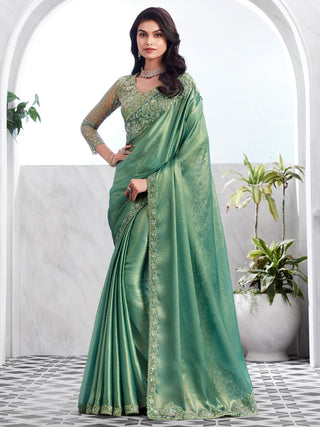 NOZ2TOZ Women's Chiffon Sea Green Embellished Designer Saree With Blouse Piece - Distacart