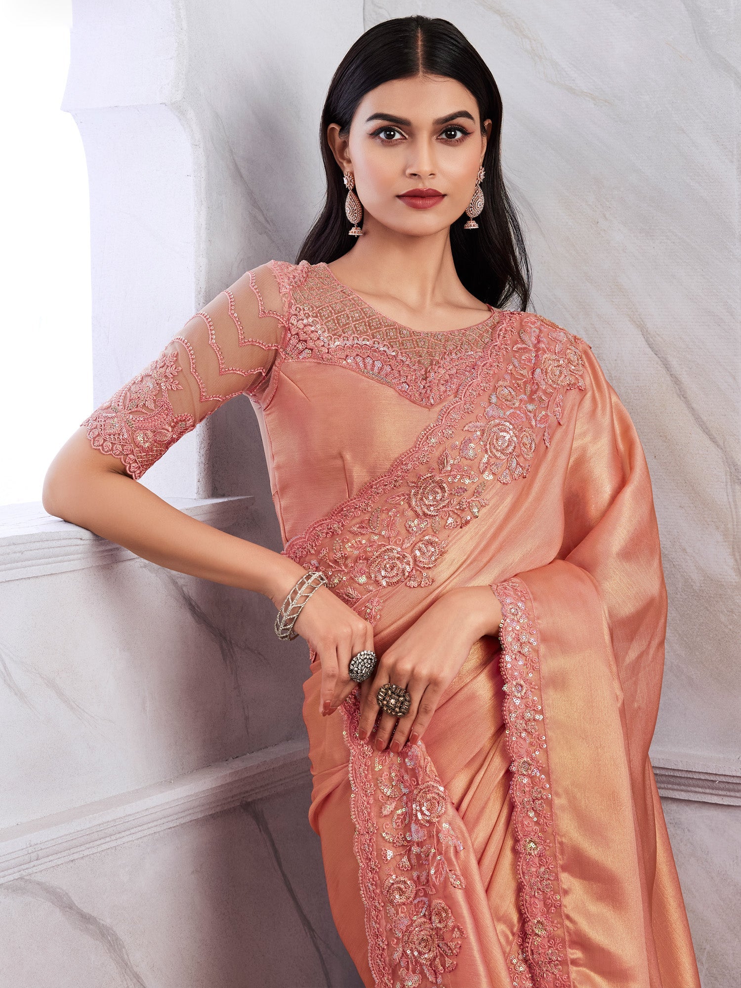 NOZ2TOZ Women's Chiffon Peach Embellished Designer Saree With Blouse Piece - Distacart