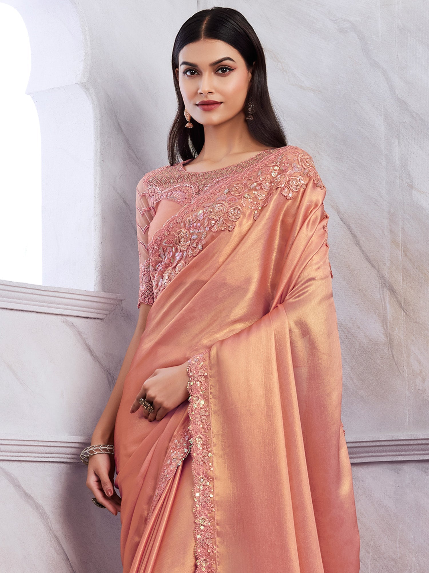 NOZ2TOZ Women's Chiffon Peach Embellished Designer Saree With Blouse Piece - Distacart