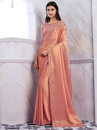 NOZ2TOZ Women's Chiffon Peach Embellished Designer Saree With Blouse Piece - Distacart