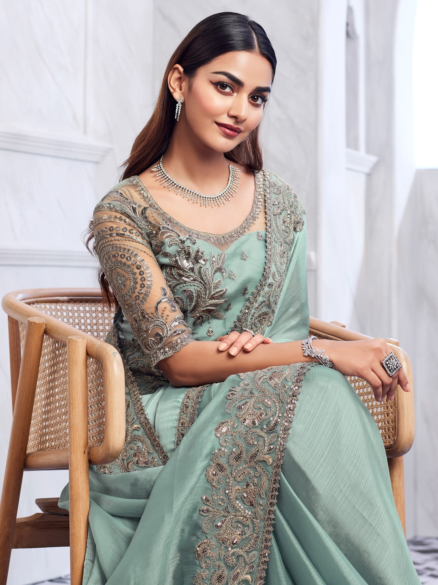 NOZ2TOZ Women's Chiffon Sea Green Embellished Designer Saree With Blouse Piece - Distacart