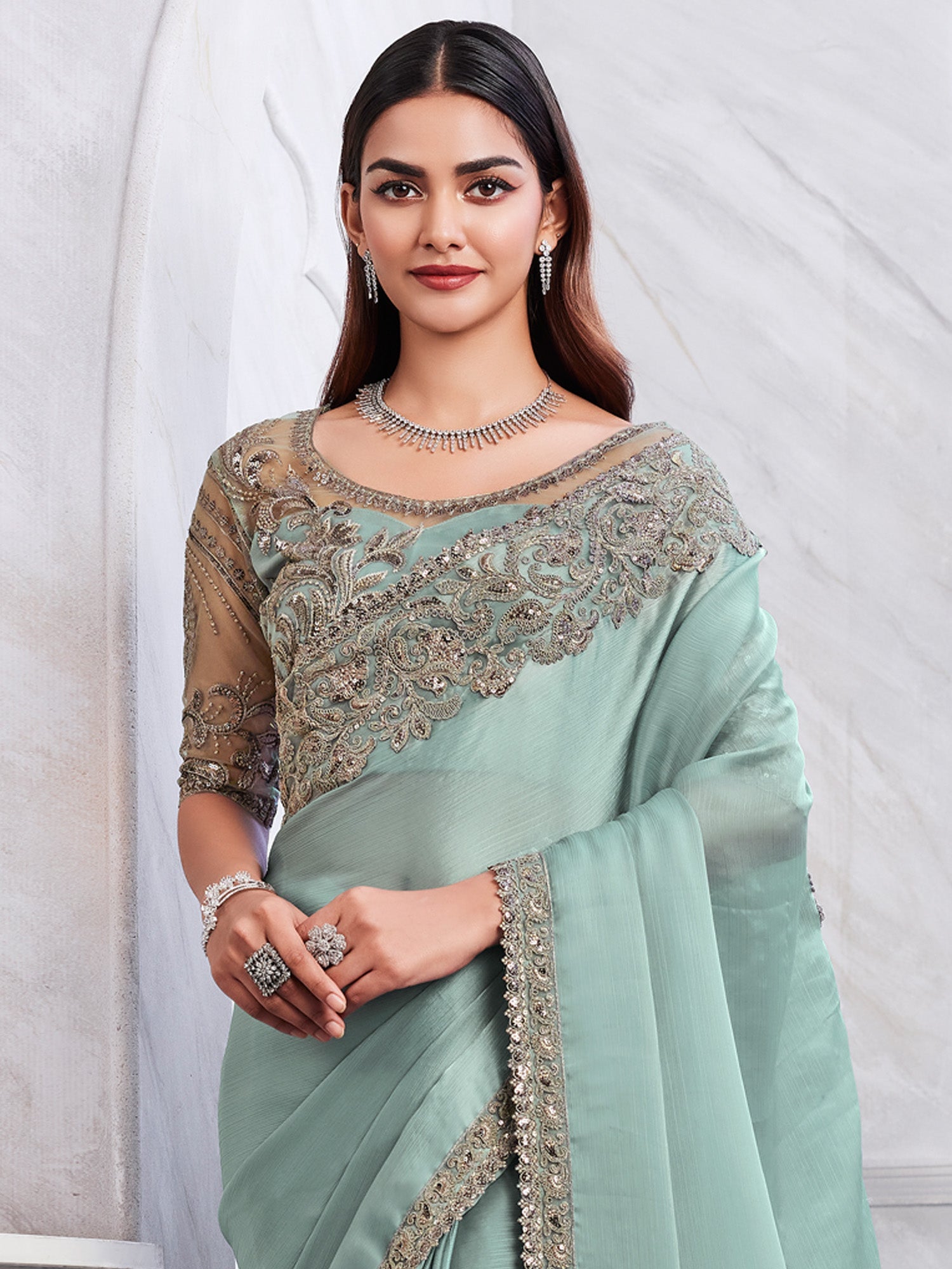 NOZ2TOZ Women's Chiffon Sea Green Embellished Designer Saree With Blouse Piece - Distacart