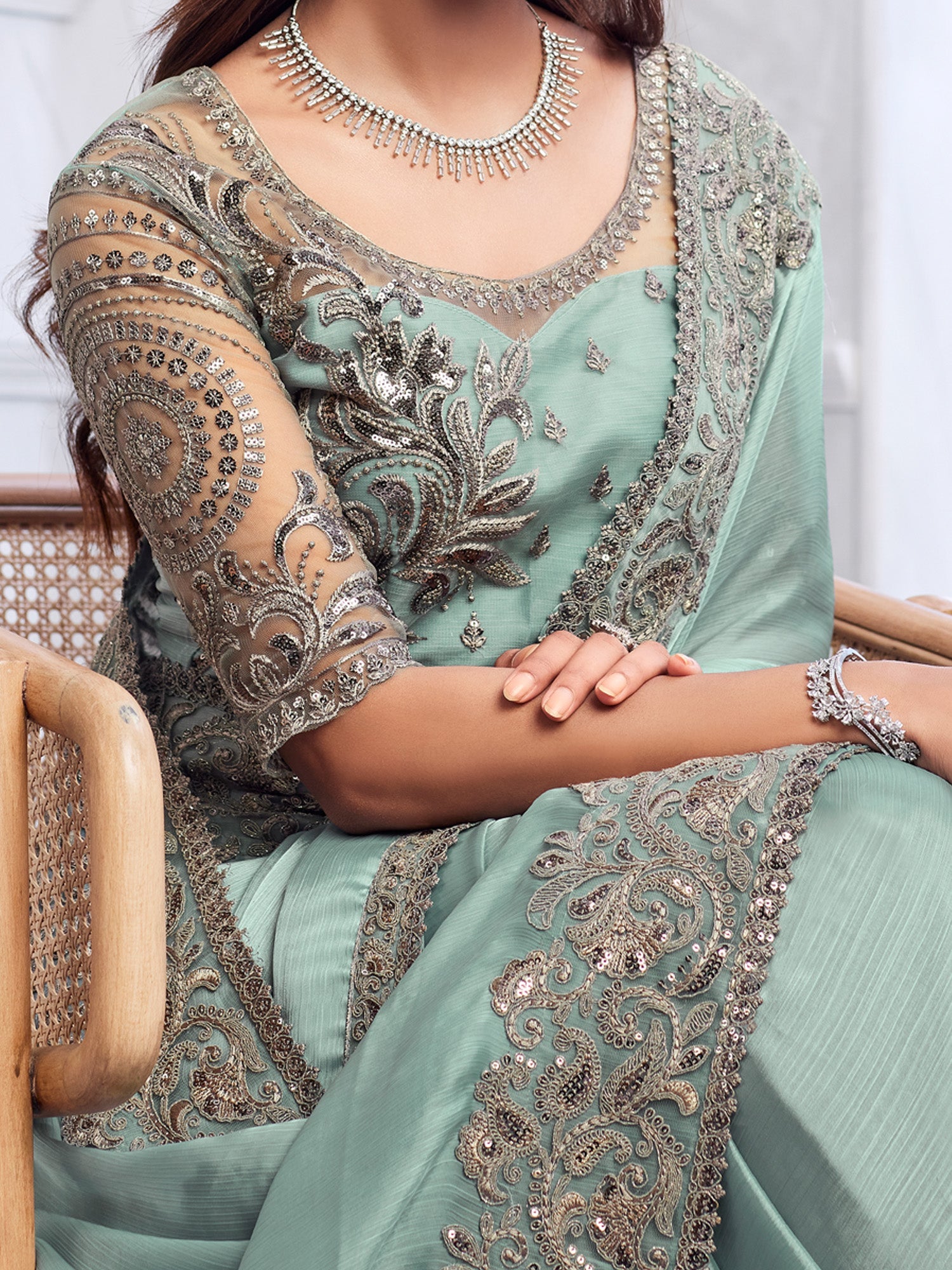 NOZ2TOZ Women's Chiffon Sea Green Embellished Designer Saree With Blouse Piece - Distacart