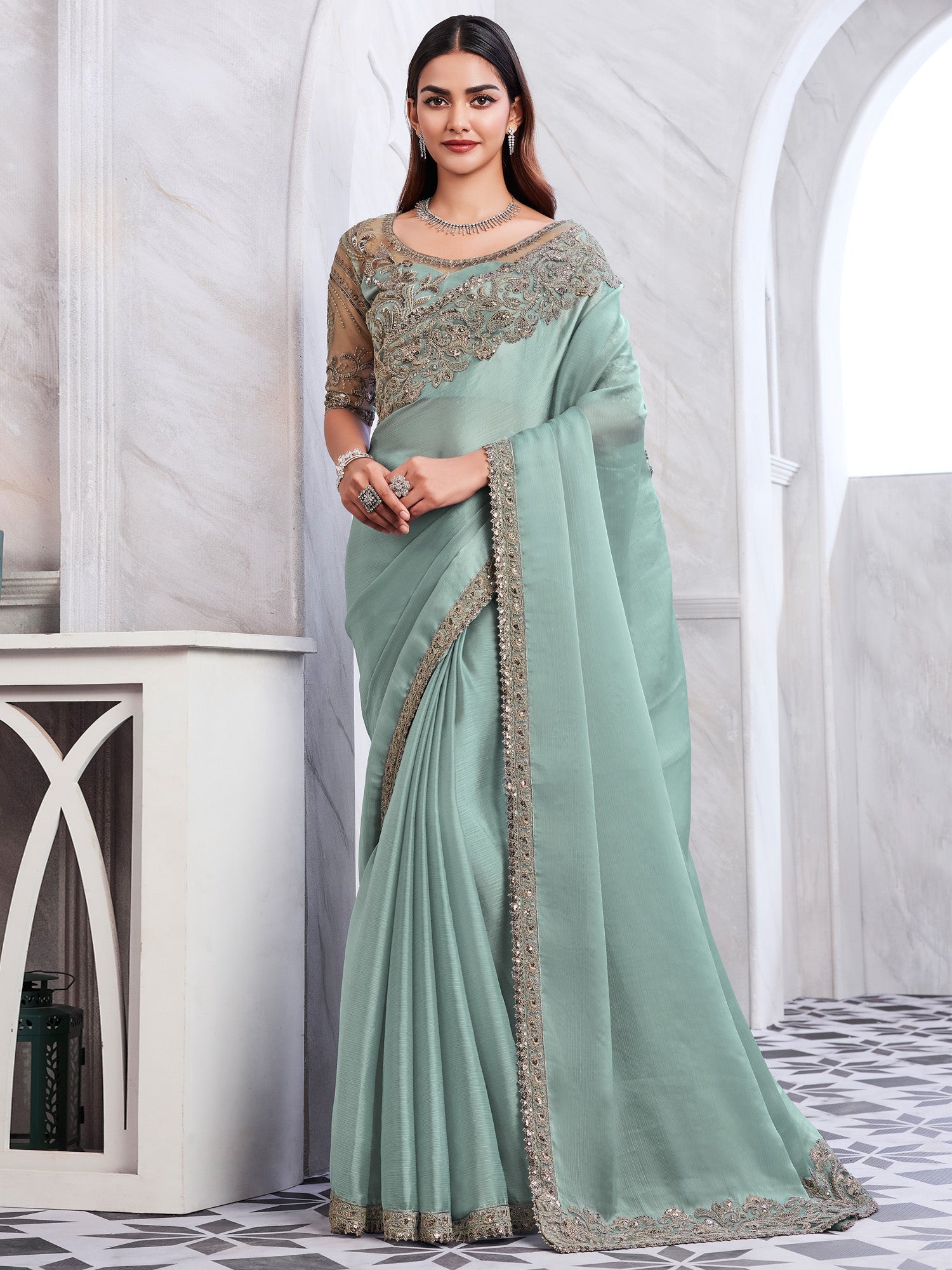 NOZ2TOZ Women's Chiffon Sea Green Embellished Designer Saree With Blouse Piece - Distacart
