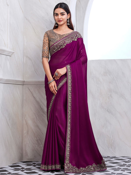 NOZ2TOZ Women's Satin Silk Magenta Embellished Designer Saree With Blouse Piece - Distacart