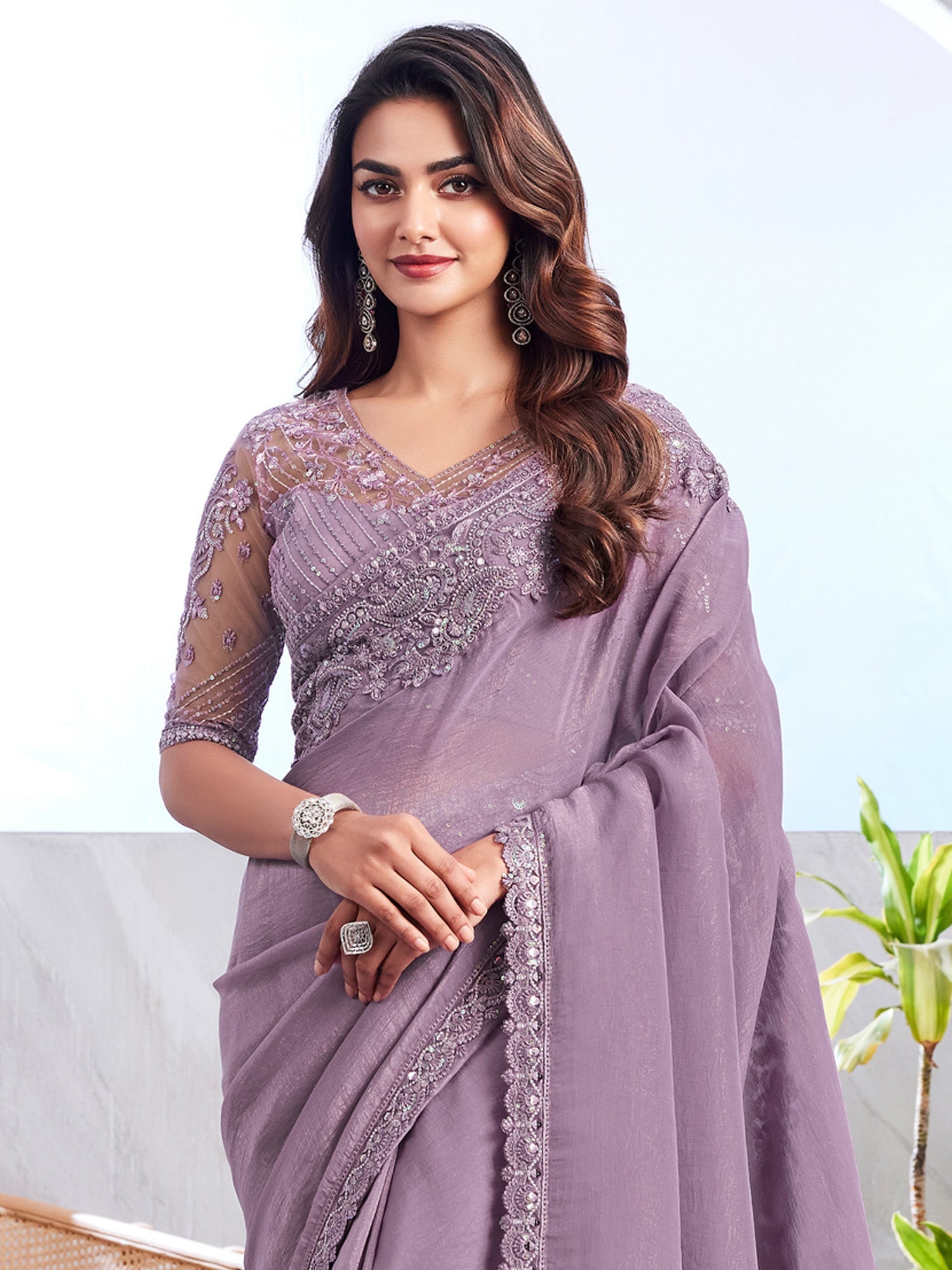 NOZ2TOZ Women's Georgette Mauve Embellished Designer Saree With Blouse Piece - Distacart