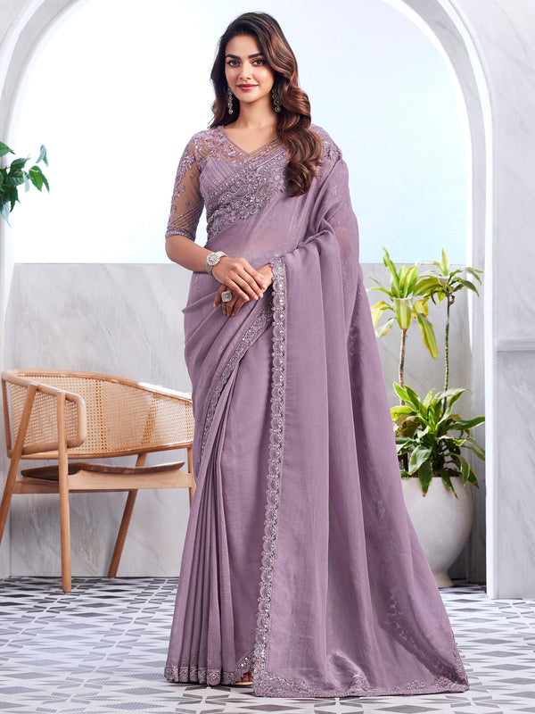 NOZ2TOZ Women's Georgette Mauve Embellished Designer Saree With Blouse Piece - Distacart