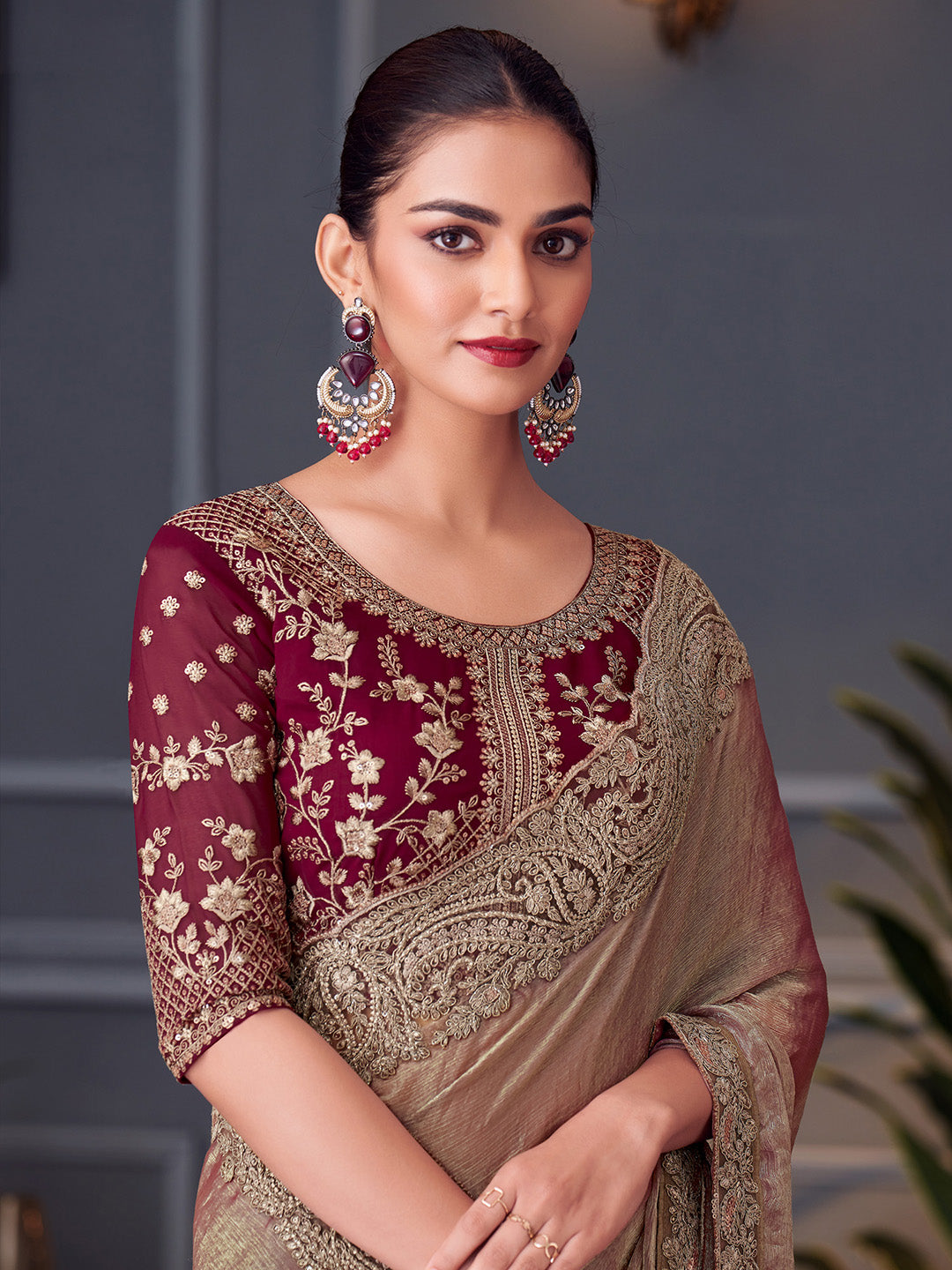 NOZ2TOZ Women's Pure Chiffon Burgundy Embellished Designer Saree With Blouse Piece - Distacart