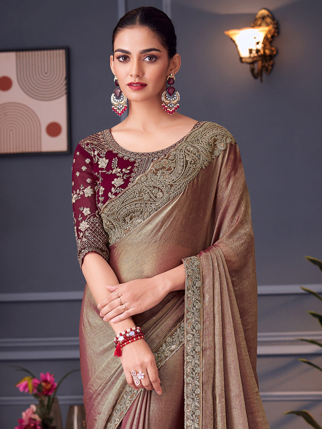 NOZ2TOZ Women's Pure Chiffon Burgundy Embellished Designer Saree With Blouse Piece - Distacart