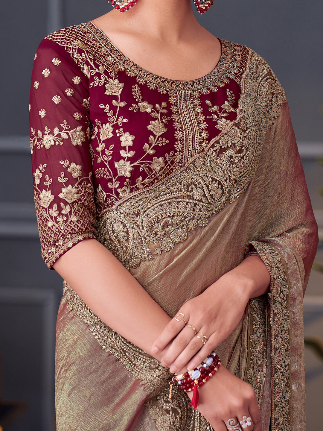 NOZ2TOZ Women's Pure Chiffon Burgundy Embellished Designer Saree With Blouse Piece - Distacart