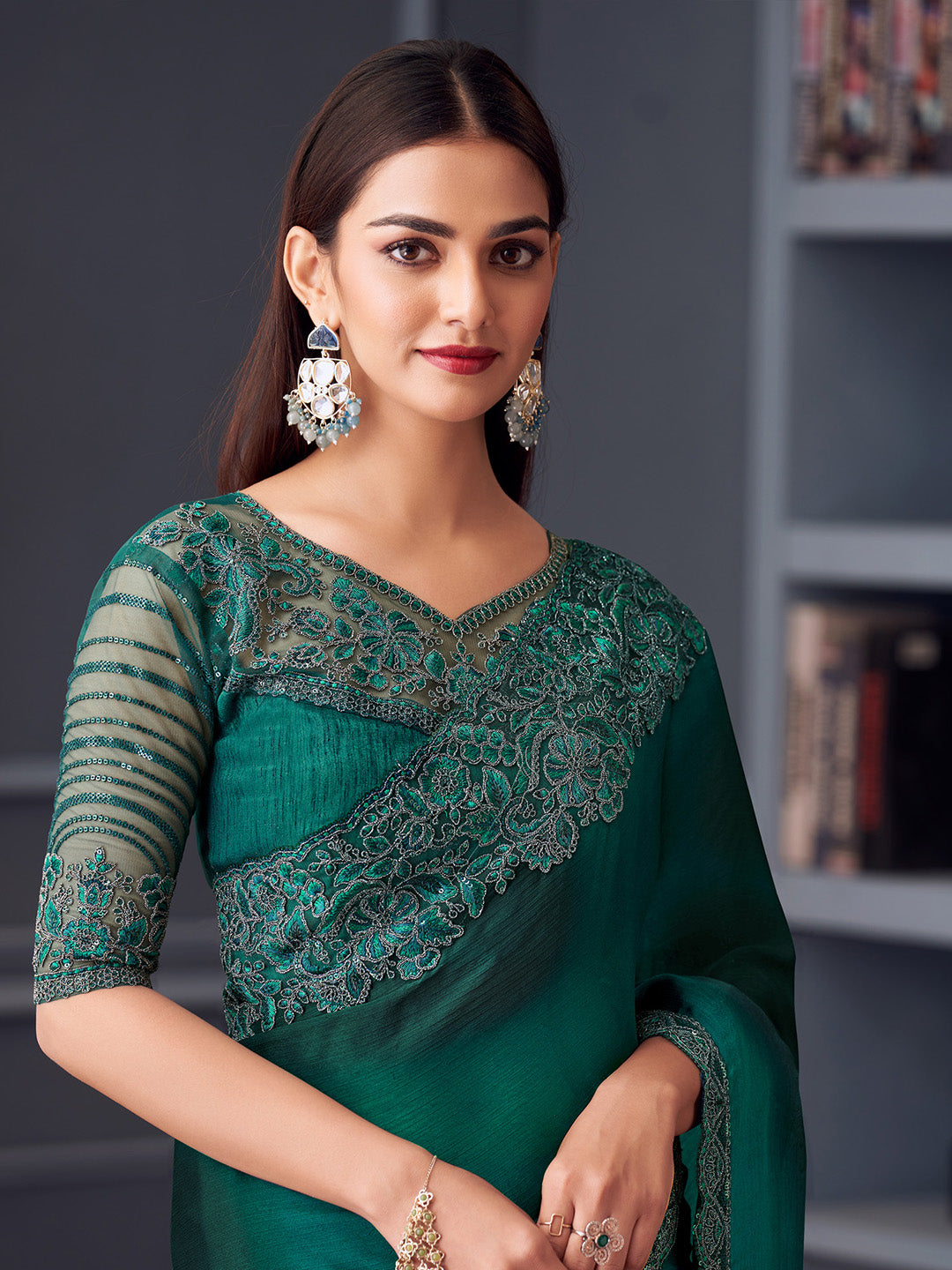 NOZ2TOZ Women's Satin Silk Teal blue Embellished Designer Saree With Blouse Piece - Distacart