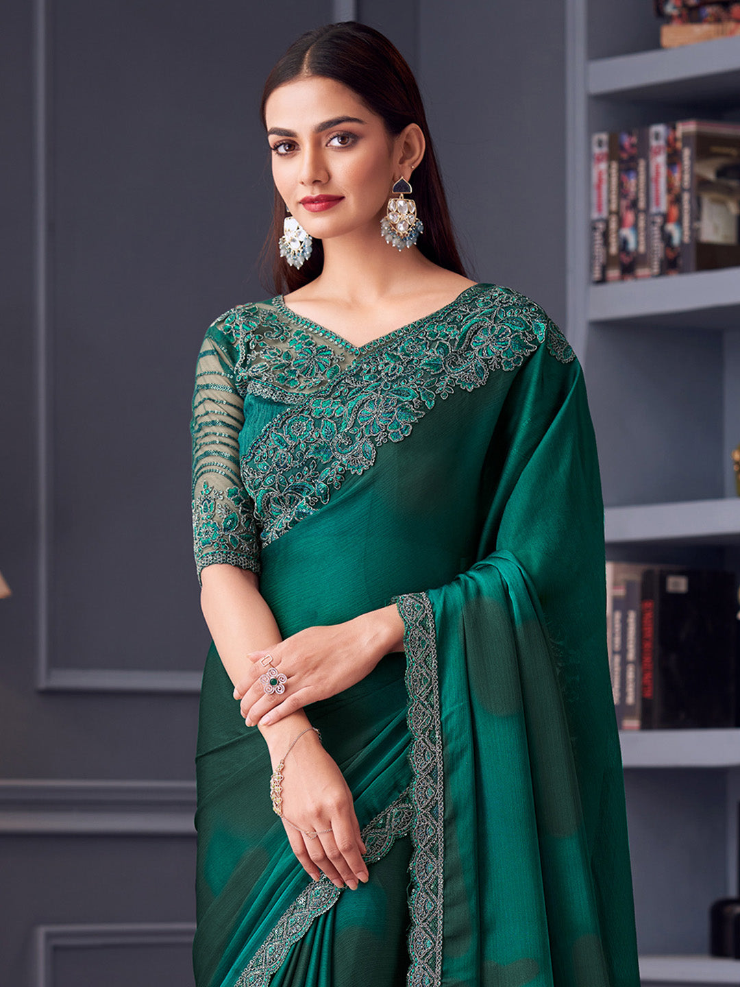 NOZ2TOZ Women's Satin Silk Teal blue Embellished Designer Saree With Blouse Piece - Distacart