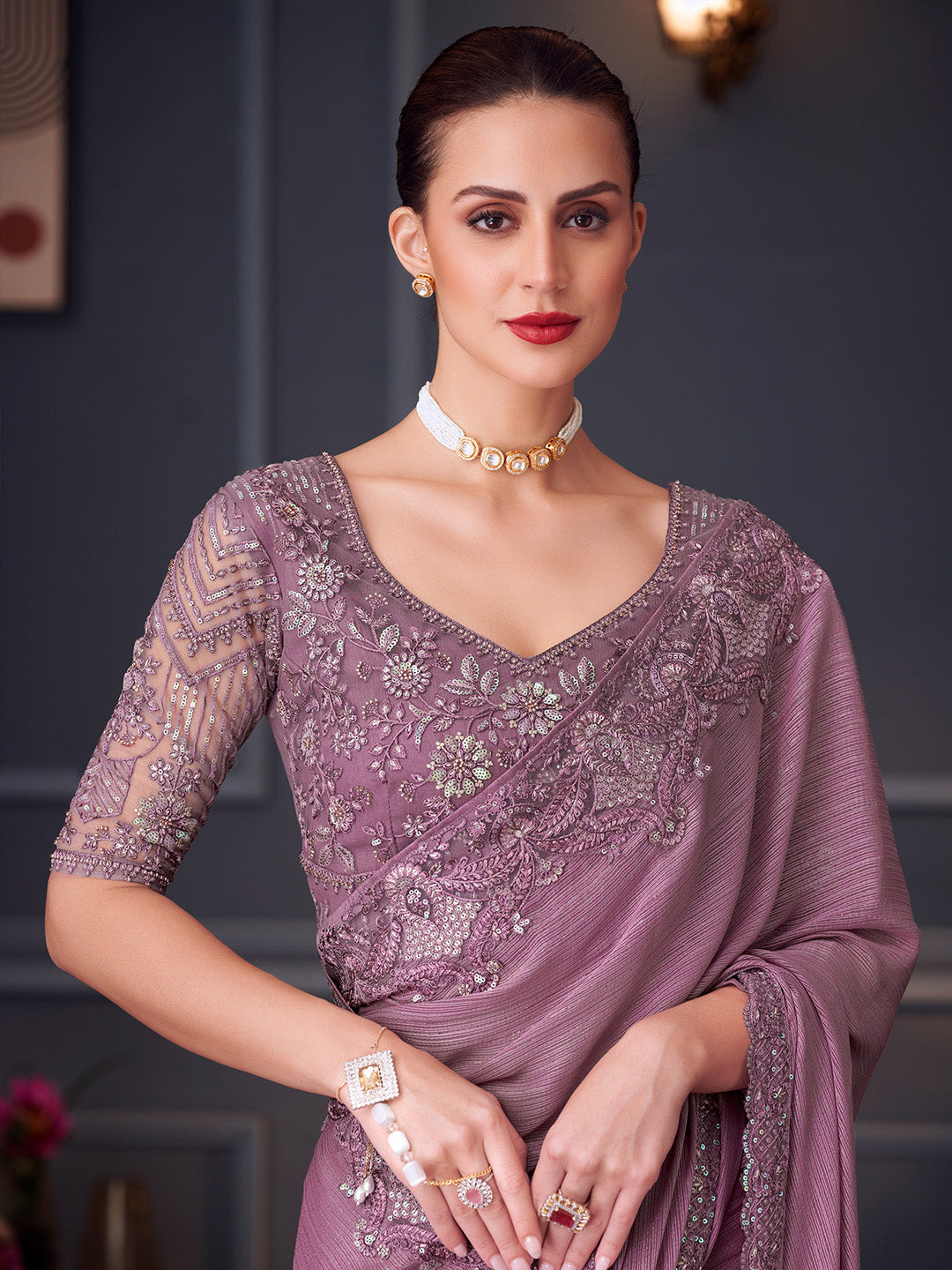 NOZ2TOZ Women's Pure Georgette Mauve Embellished Designer Saree With Blouse Piece - Distacart