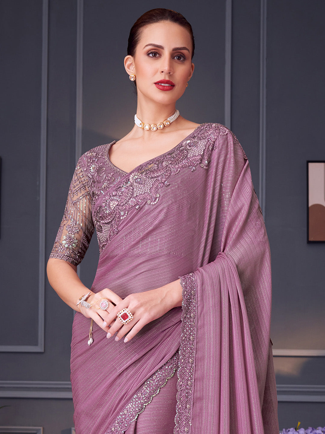 NOZ2TOZ Women's Pure Georgette Mauve Embellished Designer Saree With Blouse Piece - Distacart