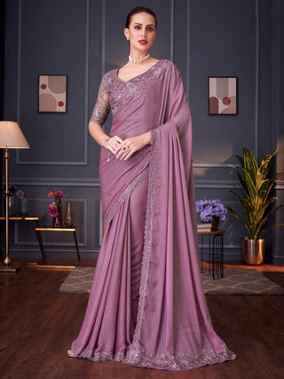 NOZ2TOZ Women's Pure Georgette Mauve Embellished Designer Saree With Blouse Piece - Distacart