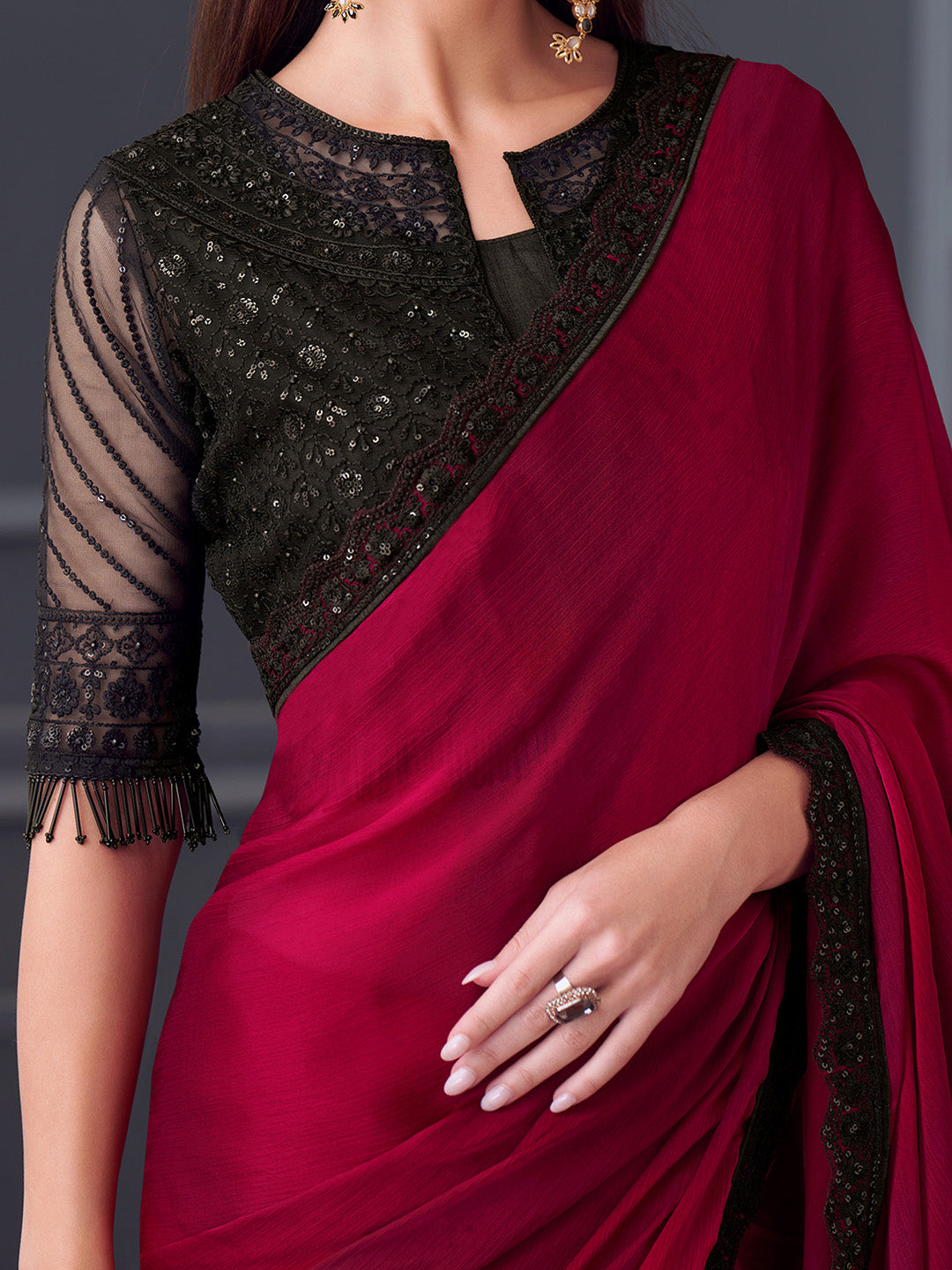 NOZ2TOZ Women's Satin Silk Black Embellished Designer Saree With Blouse Piece - Distacart