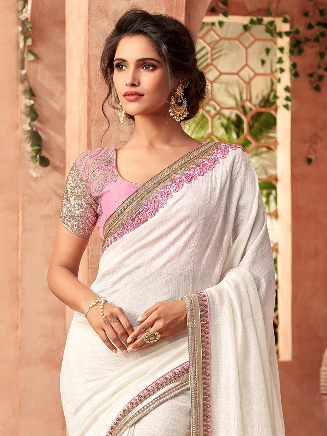 NOZ2TOZ Women's Pure Chiffon White Embellished Designer Saree With Blouse Piece - Distacart