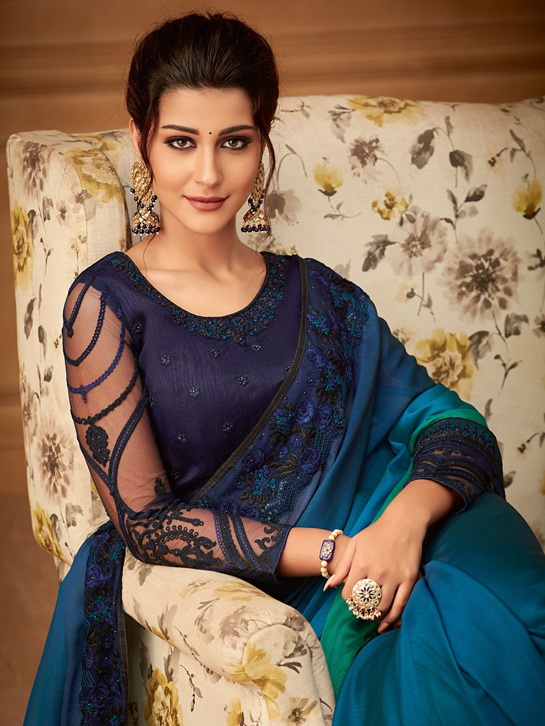 NOZ2TOZ Women's Pure Chiffon Teal blue Embellished Designer Saree With Blouse Piece - Distacart