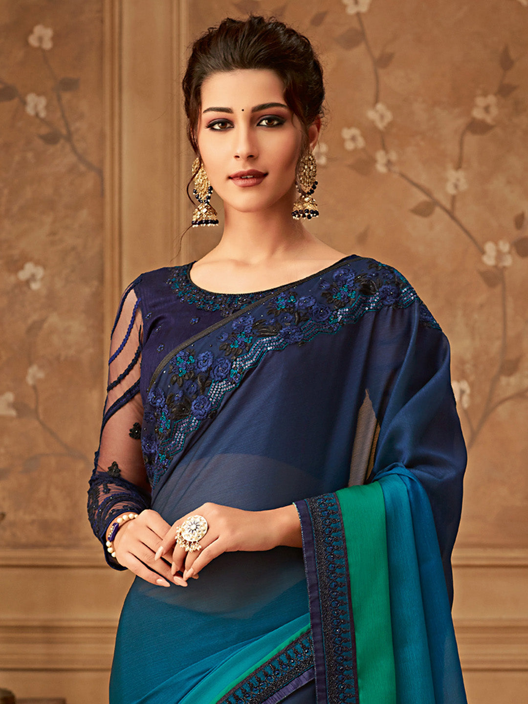 NOZ2TOZ Women's Pure Chiffon Teal blue Embellished Designer Saree With Blouse Piece - Distacart