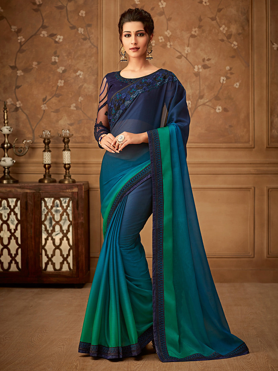 NOZ2TOZ Women's Pure Chiffon Teal blue Embellished Designer Saree With Blouse Piece - Distacart