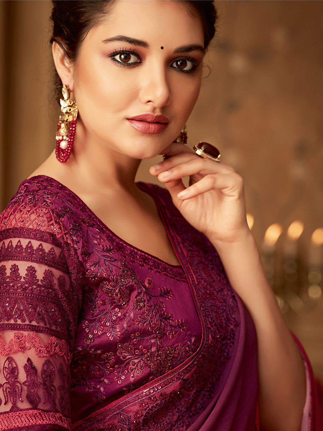 NOZ2TOZ Women's Pure Chiffon Magenta Embellished Designer Saree With Blouse Piece - Distacart