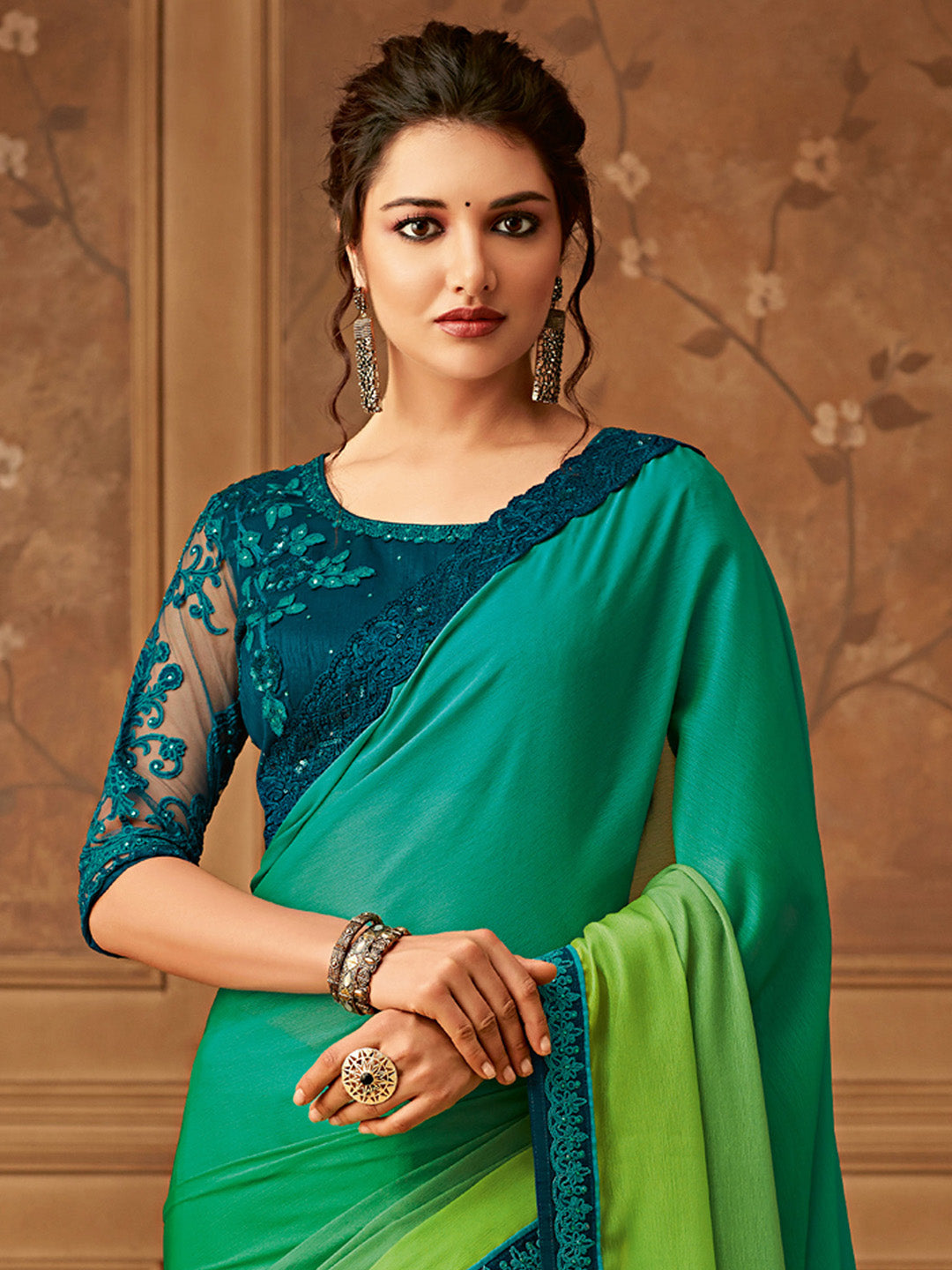 NOZ2TOZ Women's Pure Chiffon Green Embellished Designer Saree With Blouse Piece - Distacart