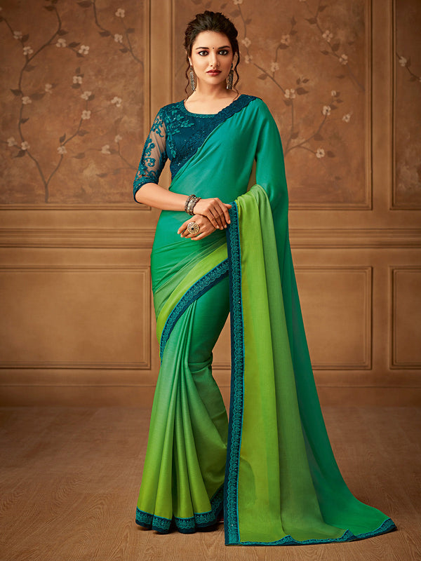 NOZ2TOZ Women's Pure Chiffon Green Embellished Designer Saree With Blouse Piece - Distacart
