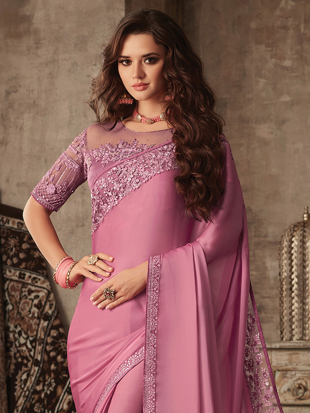 NOZ2TOZ Women's Satin Silk Mauve Embellished Designer Saree With Blouse Piece - Distacart