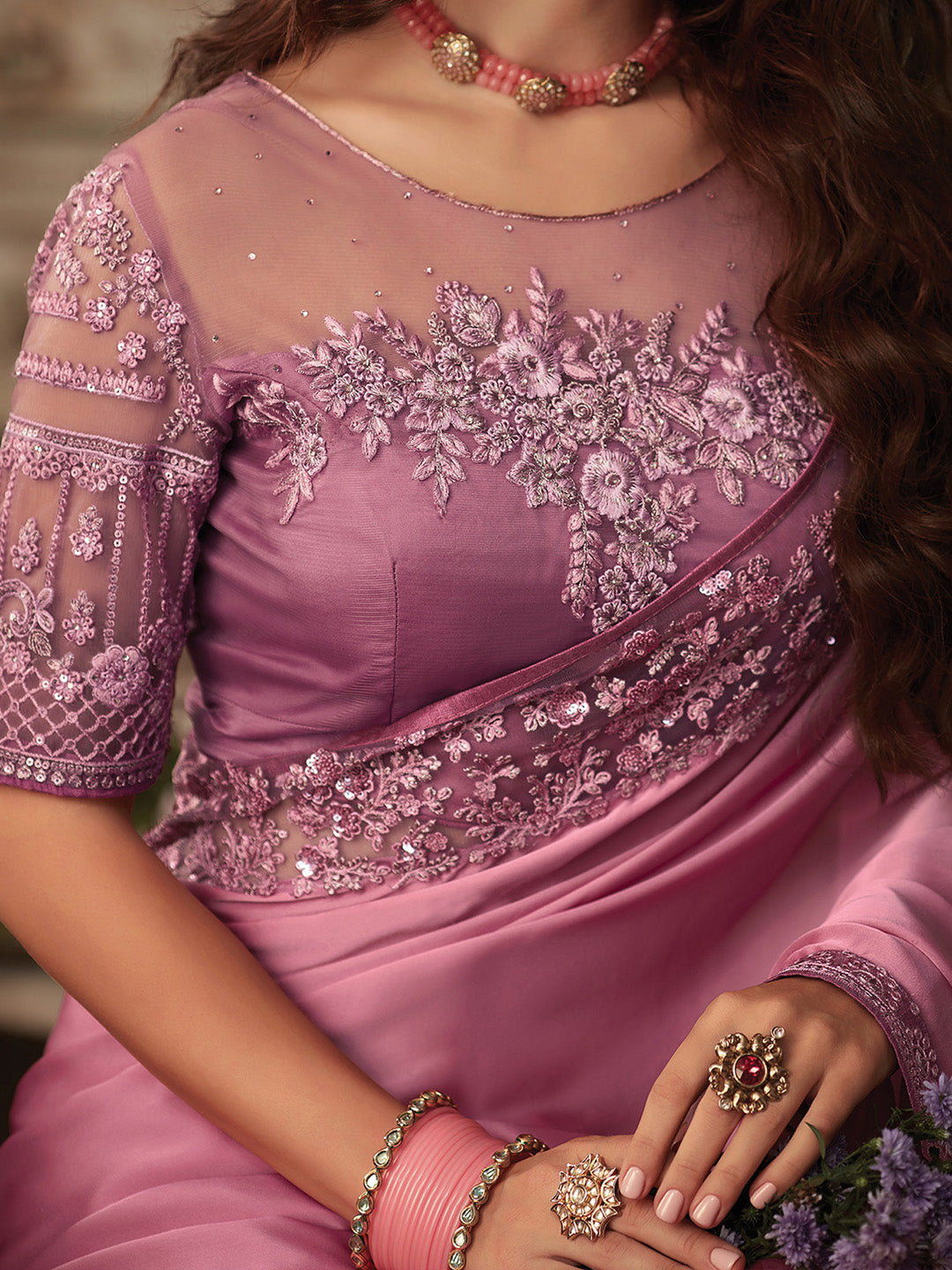 NOZ2TOZ Women's Satin Silk Mauve Embellished Designer Saree With Blouse Piece - Distacart