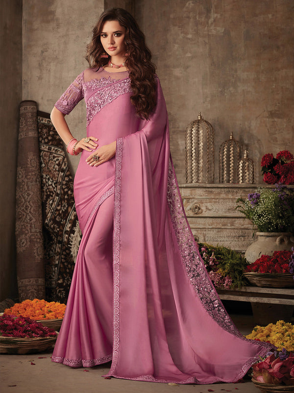 NOZ2TOZ Women's Satin Silk Mauve Embellished Designer Saree With Blouse Piece - Distacart