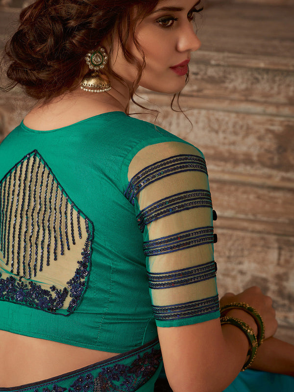 NOZ2TOZ Women's Pure Chiffon Teal blue Embellished Designer Saree With Blouse Piece - Distacart