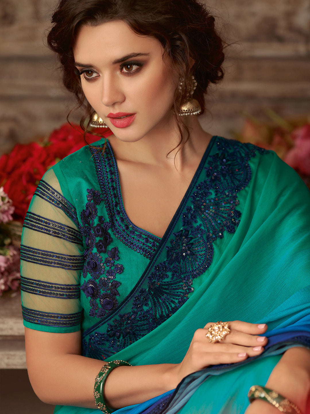 NOZ2TOZ Women's Pure Chiffon Teal blue Embellished Designer Saree With Blouse Piece - Distacart