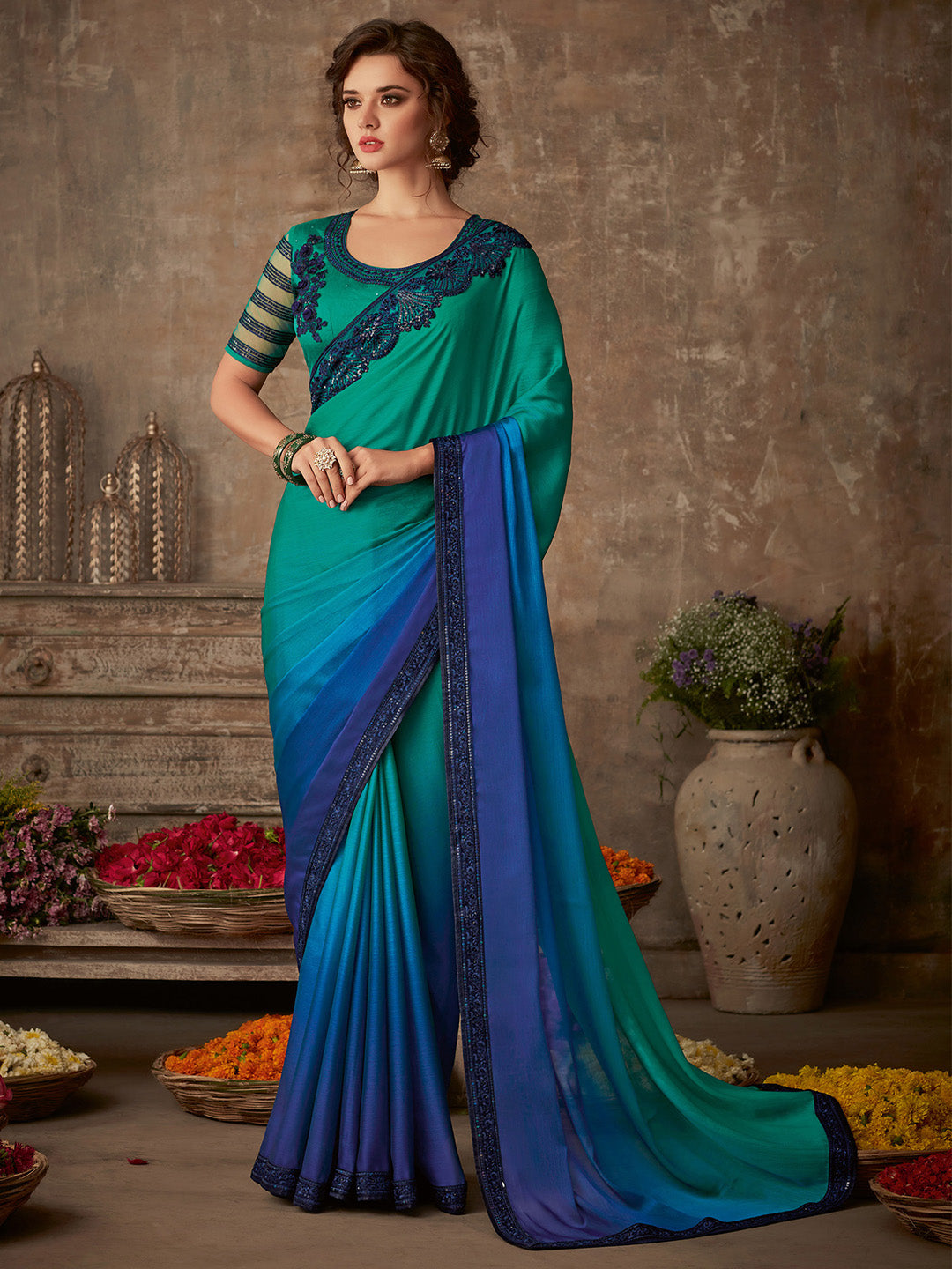 NOZ2TOZ Women's Pure Chiffon Teal blue Embellished Designer Saree With Blouse Piece - Distacart
