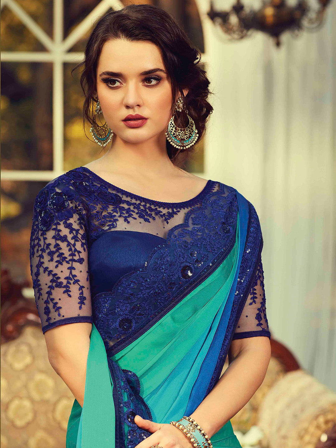 NOZ2TOZ Women's Pure Chiffon Turquoise Embellished Designer Saree With Blouse Piece - Distacart